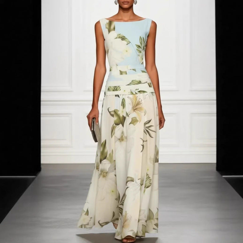V-neck floral print women's dress sleeveless backless waist cinching long skirt Hot Deal Warehouse