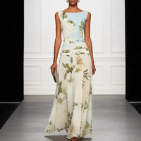 V-neck floral print women's dress sleeveless backless waist cinching long skirt Hot Deal Warehouse