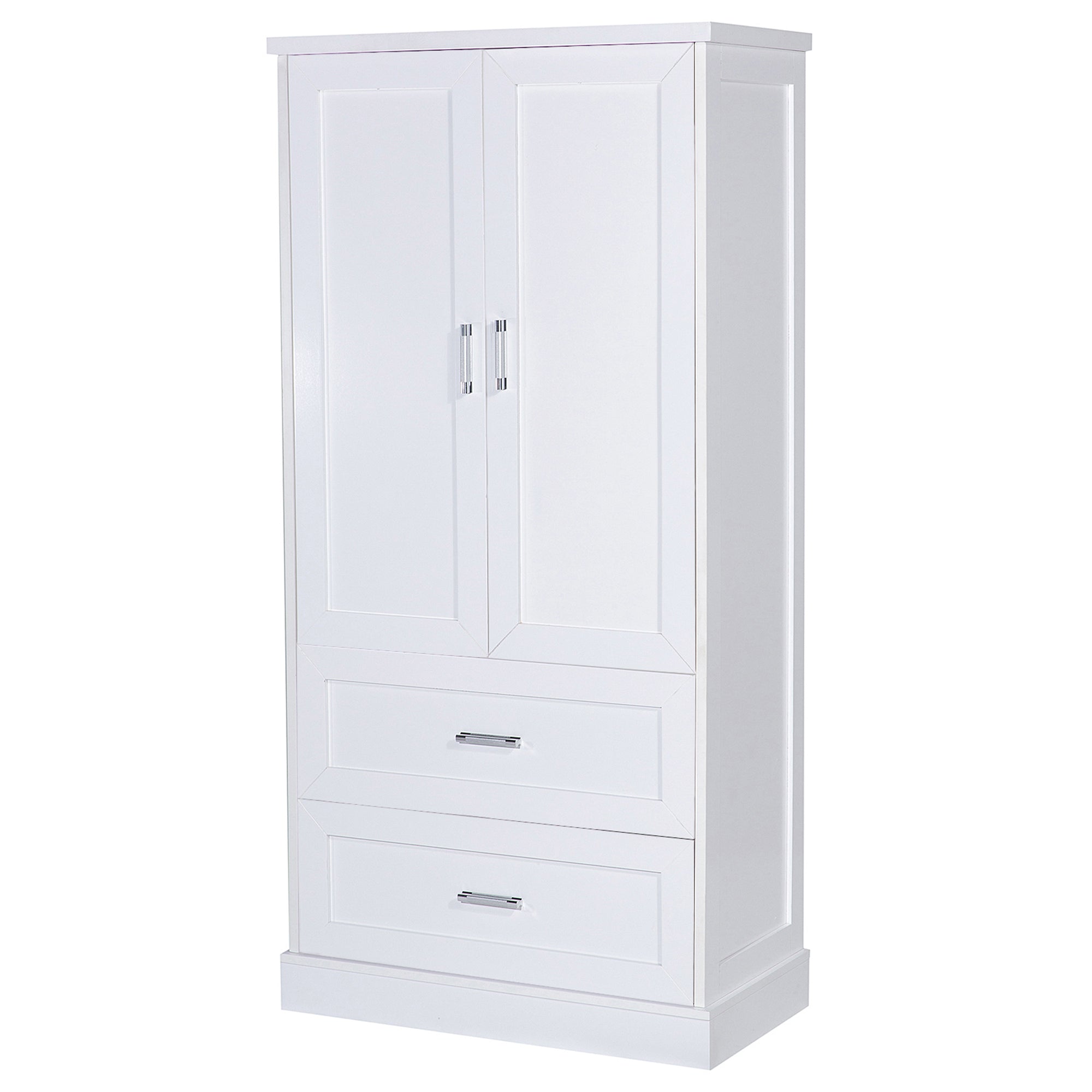 Tall white bathroom cabinet with drawers and double doors