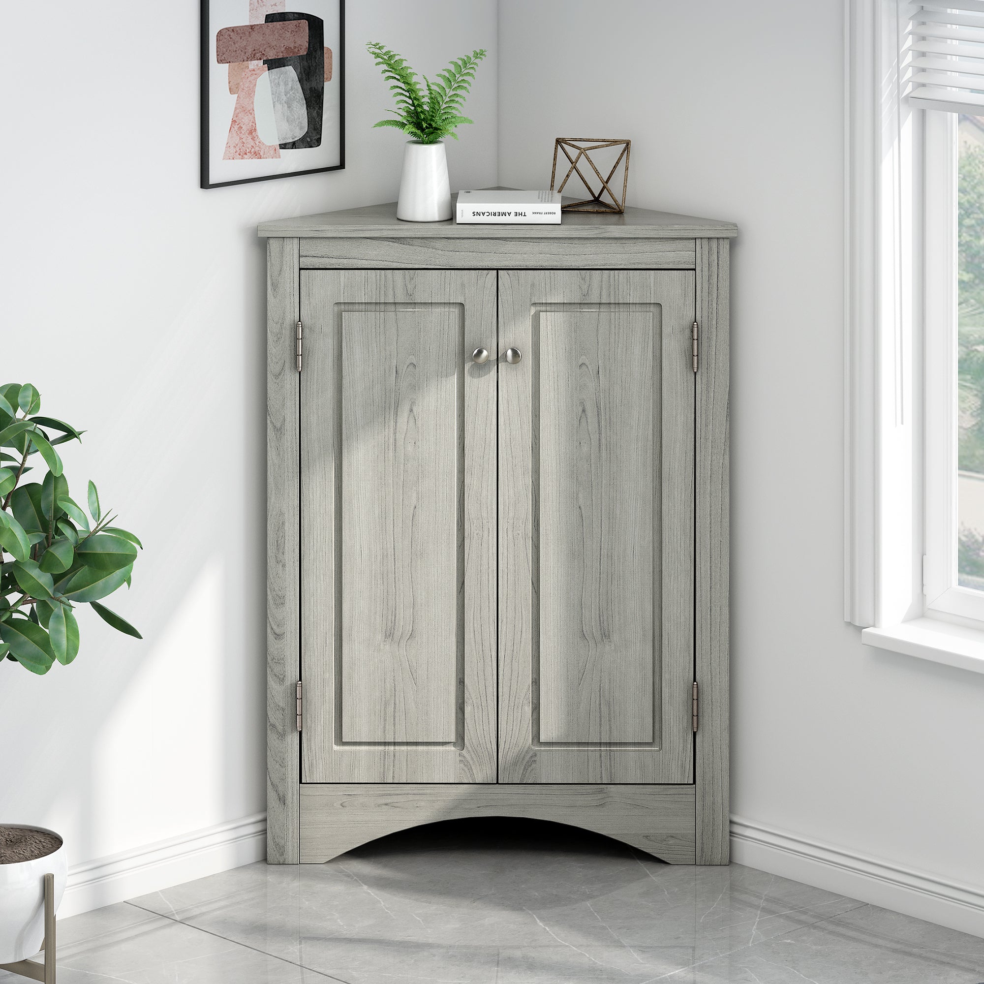 Oak triangle bathroom storage cabinet with a stylish, space-saving design, featuring multiple shelves for organizing toiletries, towels, and other bathroom essentials. Crafted from durable oak wood, this elegant cabinet adds both functionality and natural charm to any bathroom