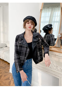 Colorblock women's coat with leather and tweed patchwork, lapel collar, long sleeves, and front zipper.

