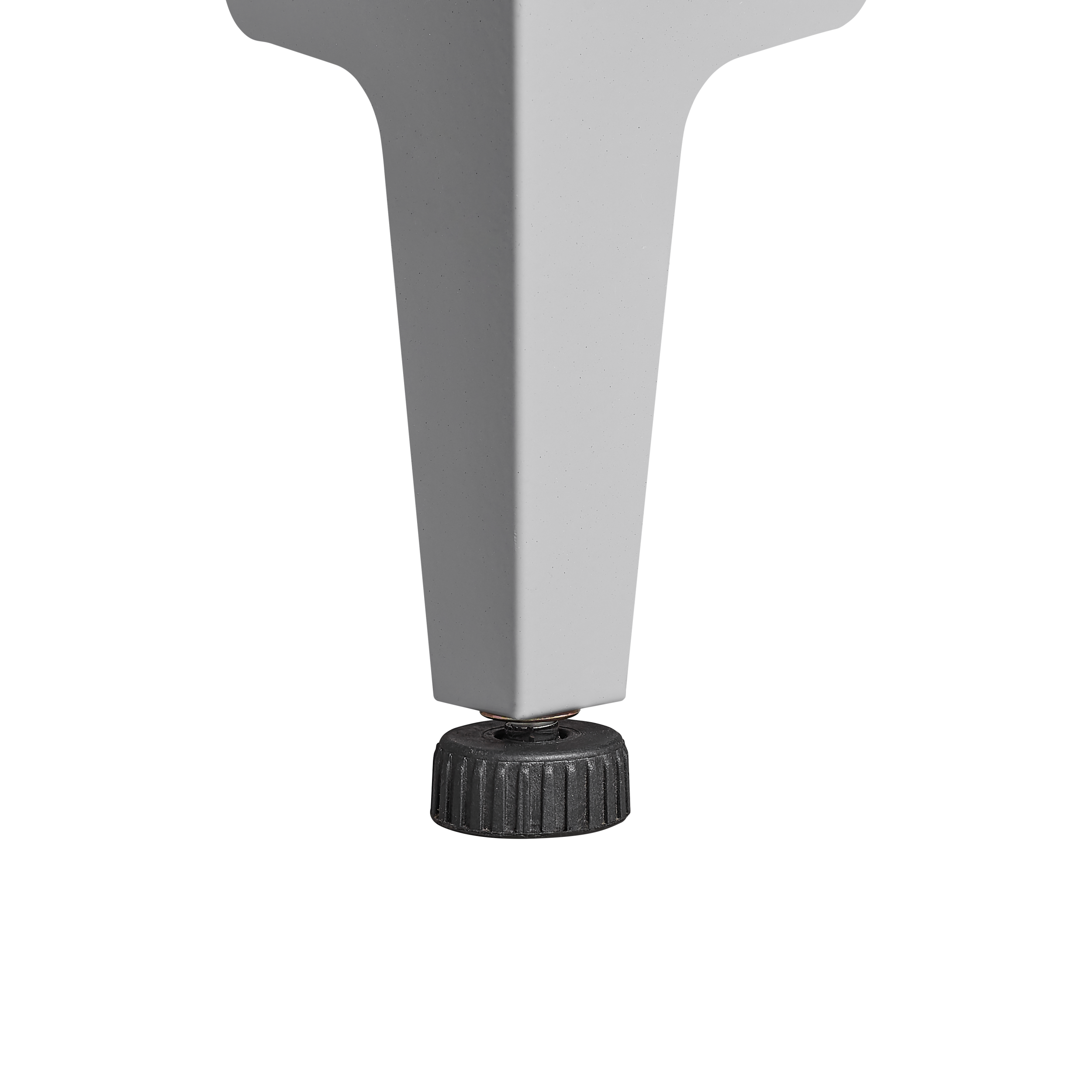 Grey metal kitchen storage cabinet with door and adjustable shelf in a modern kitchen