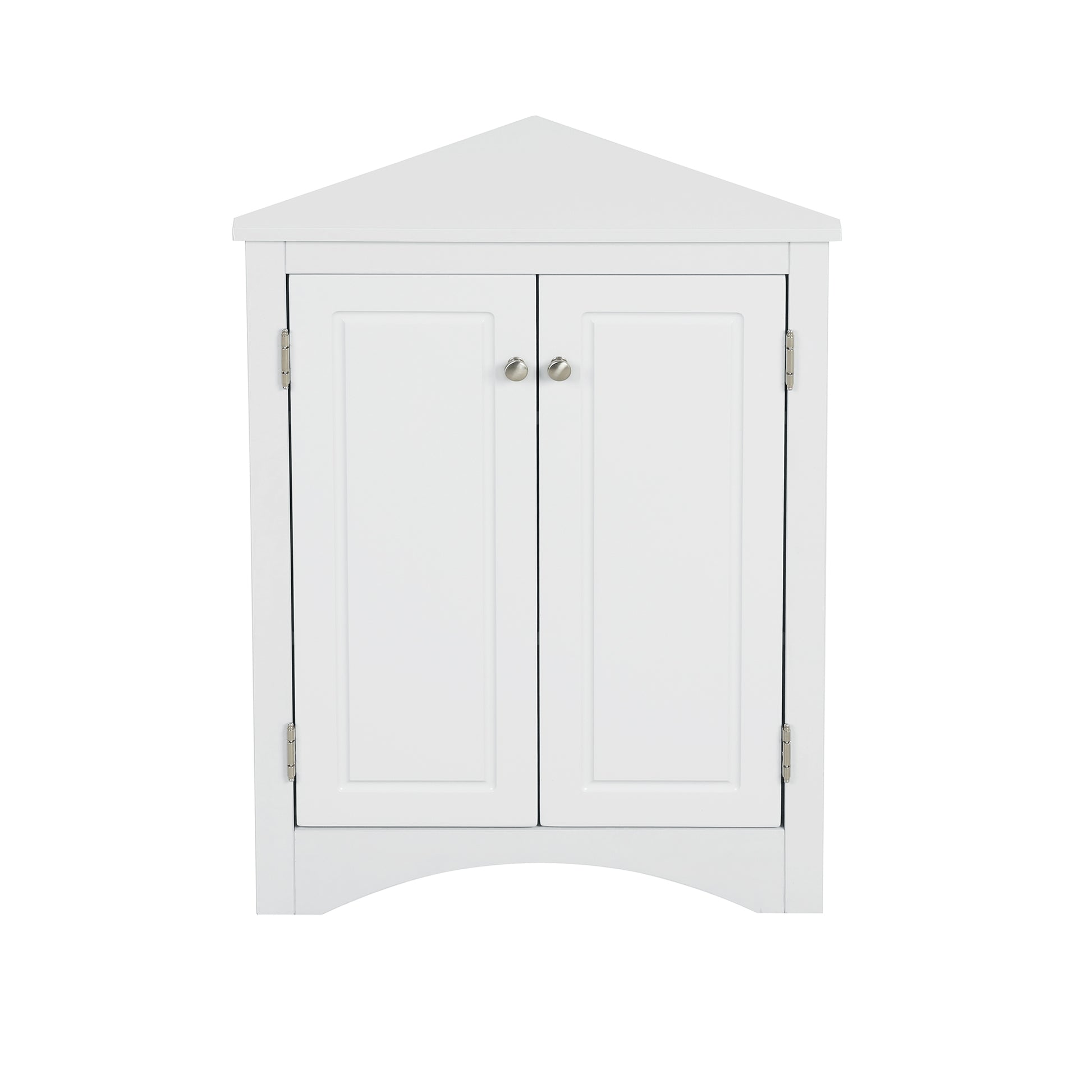 White triangle bathroom storage cabinet with a compact, space-saving design, featuring multiple shelves for organizing toiletries, towels, and other bathroom essentials. Made from durable materials, this sleek cabinet adds a functional and stylish touch to any bathroom decor.