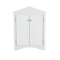 White triangle bathroom storage cabinet with a compact, space-saving design, featuring multiple shelves for organizing toiletries, towels, and other bathroom essentials. Made from durable materials, this sleek cabinet adds a functional and stylish touch to any bathroom decor.