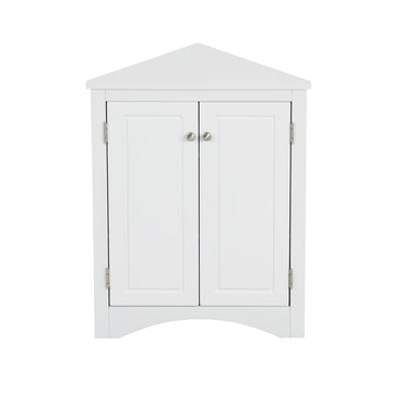 White triangle bathroom storage cabinet with a compact, space-saving design, featuring multiple shelves for organizing toiletries, towels, and other bathroom essentials. Made from durable materials, this sleek cabinet adds a functional and stylish touch to any bathroom decor.