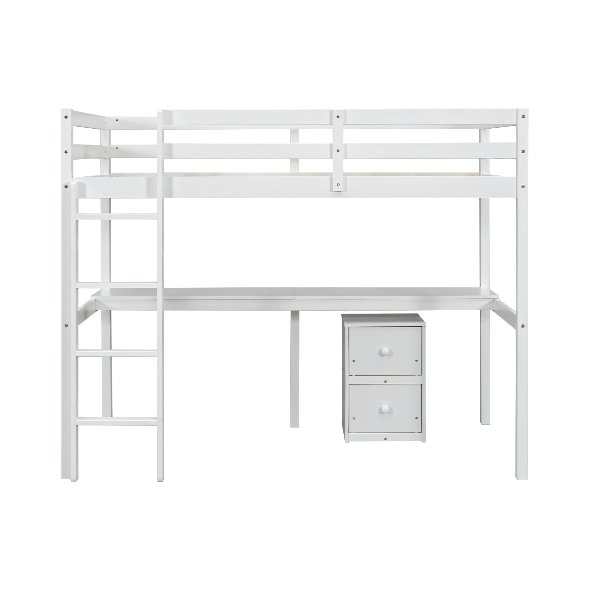 Full view of white twin loft bed with built-in desk and drawers underneath

