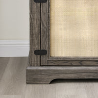 Gray TV stand with rattan doors and shelves for storage