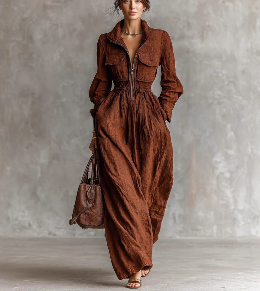 Women's Zipper Collar Elastic Waist Long Dress Hot Deal Warehouse