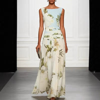 V-neck floral print women's dress sleeveless backless waist cinching long skirt Hot Deal Warehouse