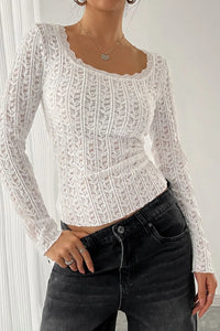 Women's lace detail long sleeve T-shirt – feminine casual top with soft fabric and elegant lace trim.








