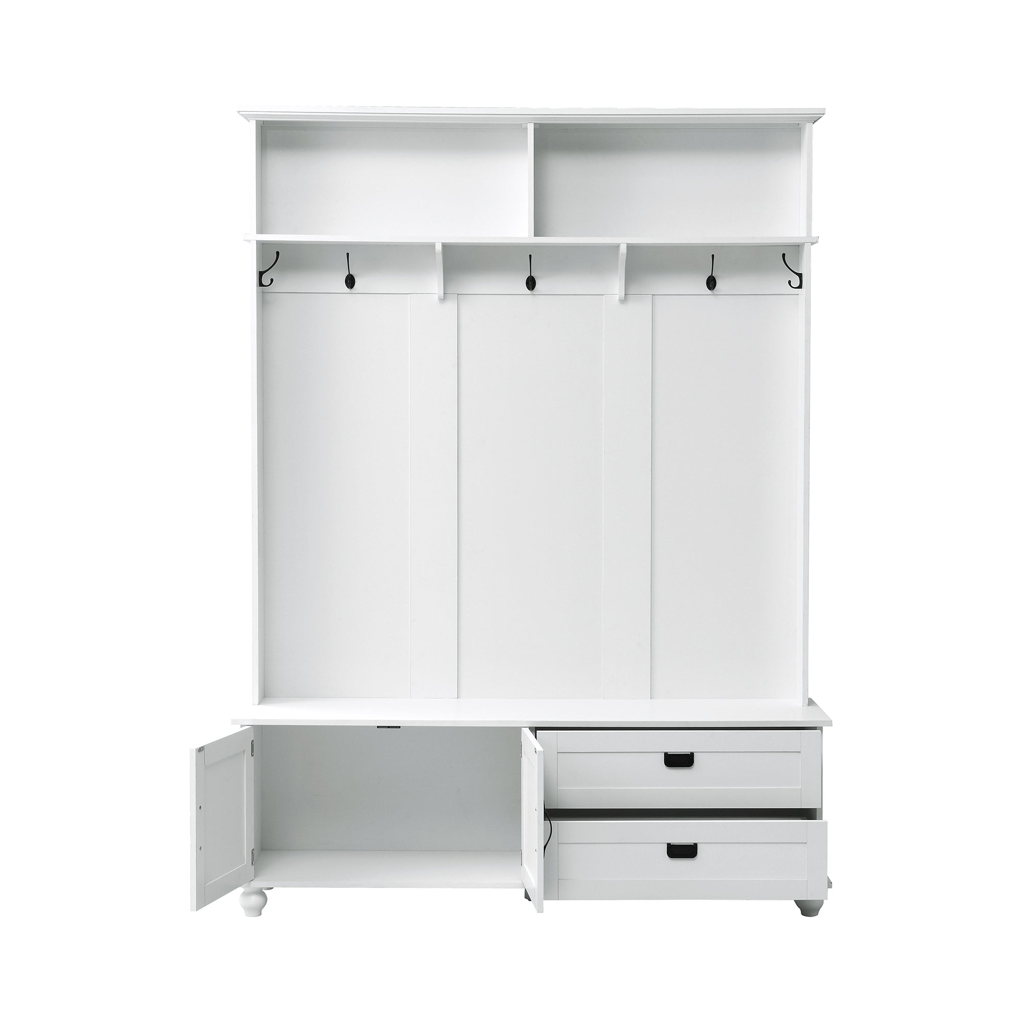 ON-TREND white hall tree with bench, coat hooks, drawers, and cabinet