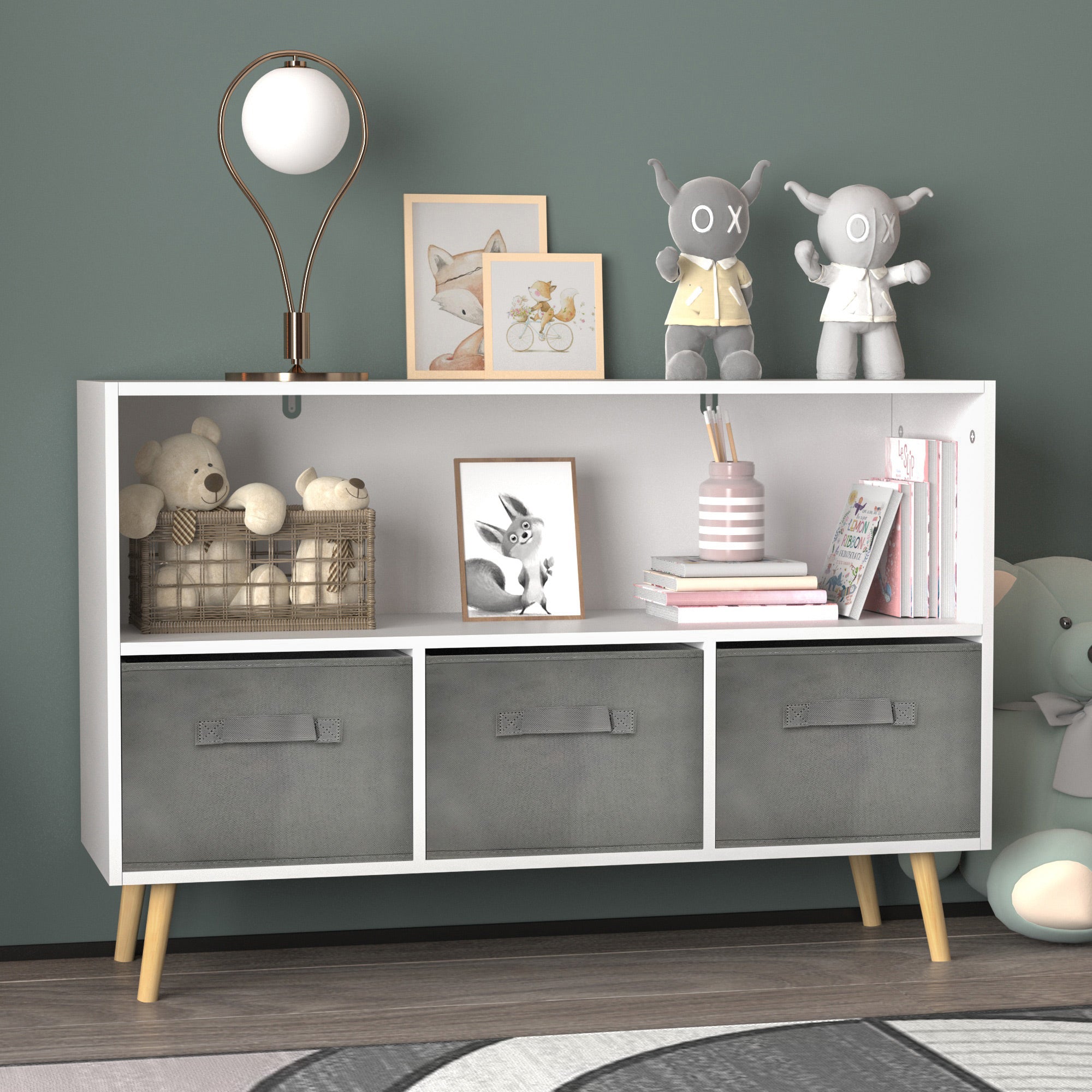 White kids bookcase with gray fabric drawers and books displayed