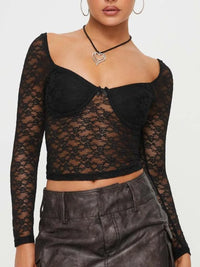 Front view of women’s lace sweetheart neck long sleeve t-shirt with fitted silhouette