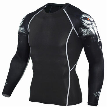 Wolf 3D printed compression t-shirt and tights set, featuring a bold wolf design, made from stretchy, moisture-wicking fabric for enhanced performance and comfort during workouts