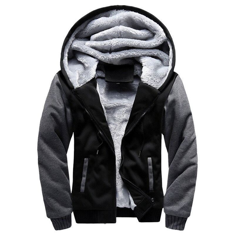 Men's winter hooded jacket with thick velvet lining, front view

