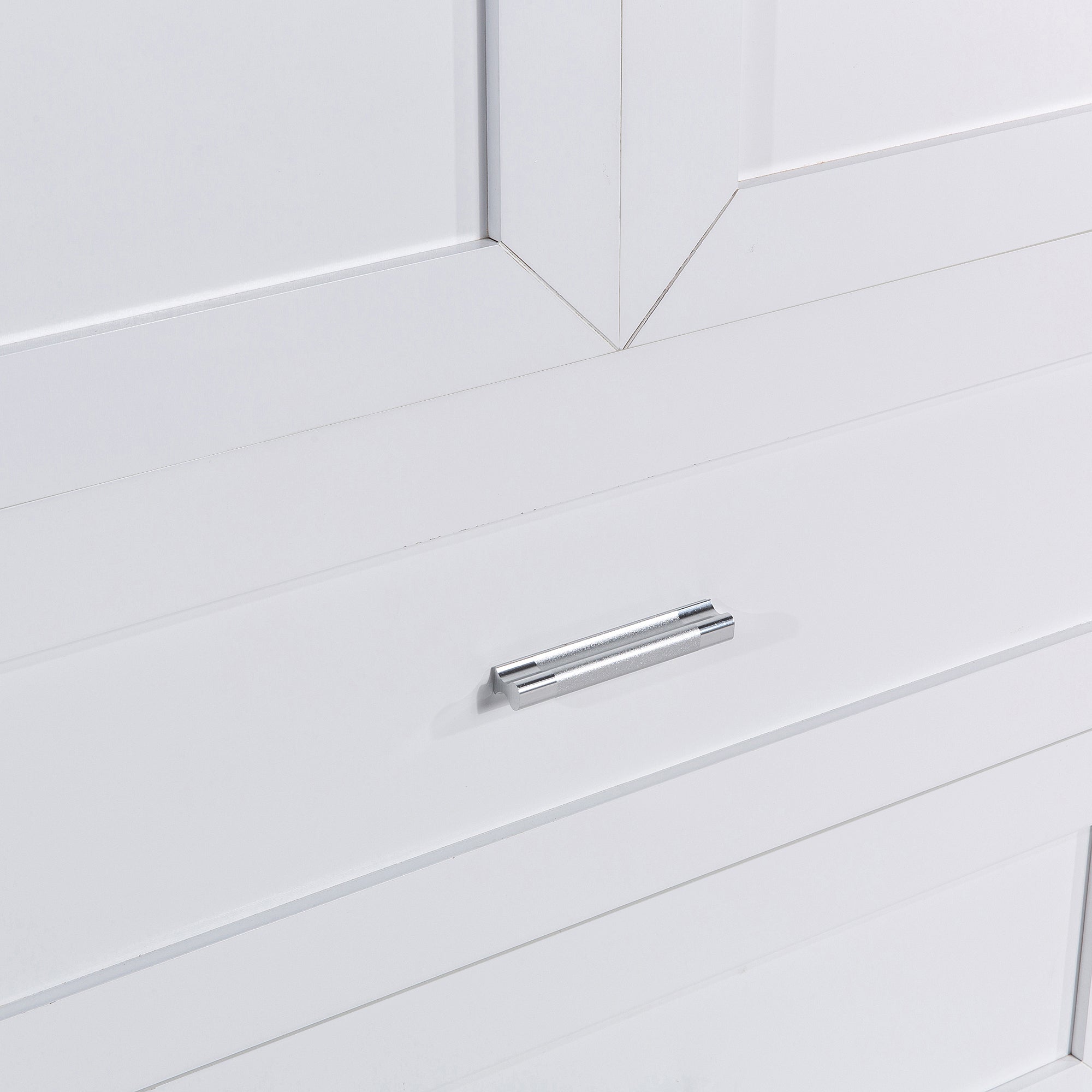 Tall white bathroom cabinet with drawers and double doors