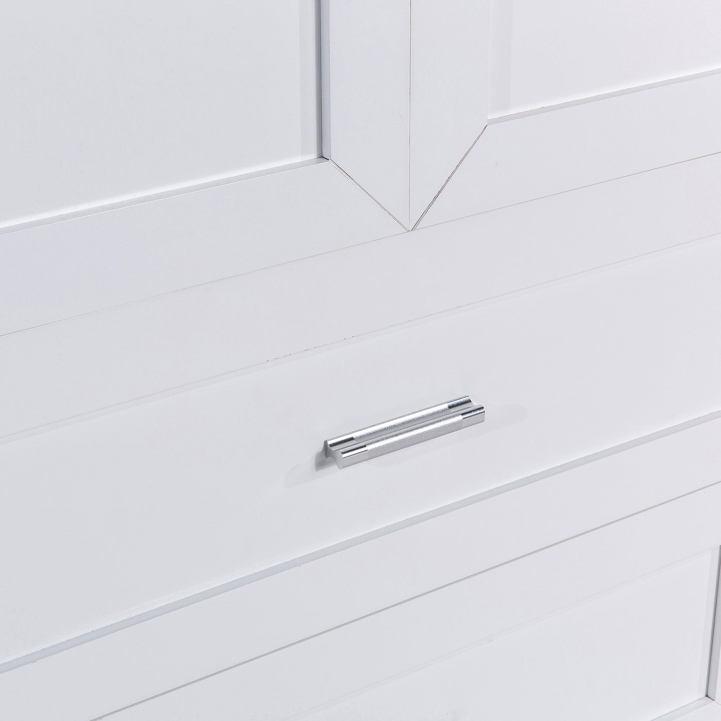 Tall white bathroom cabinet with drawers and double doors