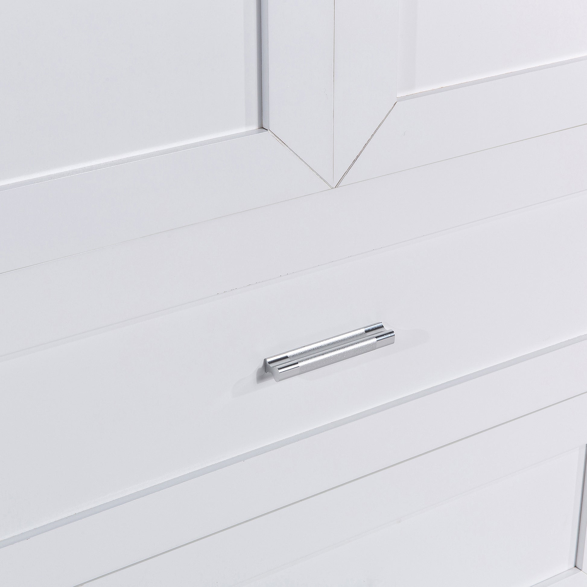 Tall white bathroom cabinet with drawers and double doors