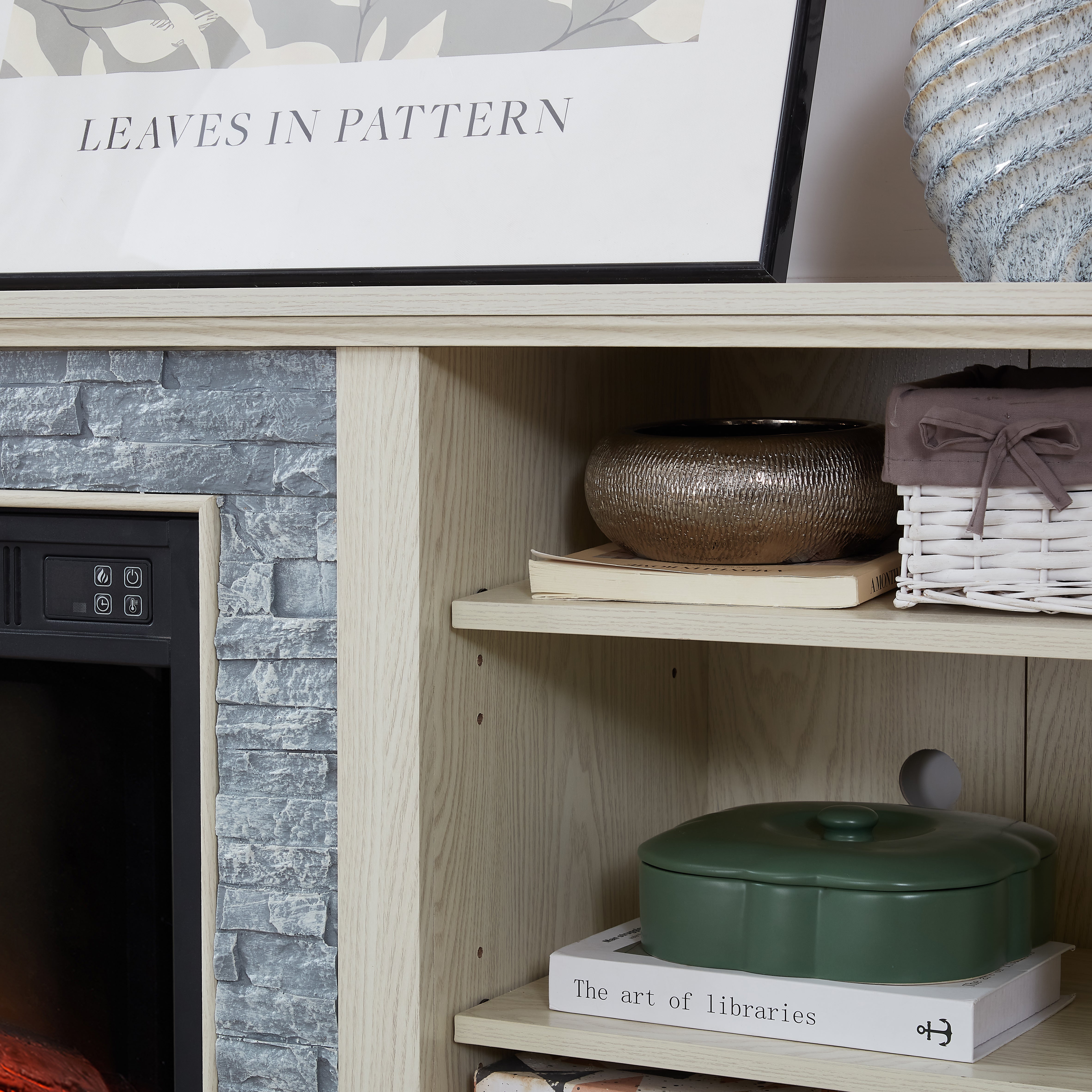 White TV stand with electric fireplace and stone-look mantel
