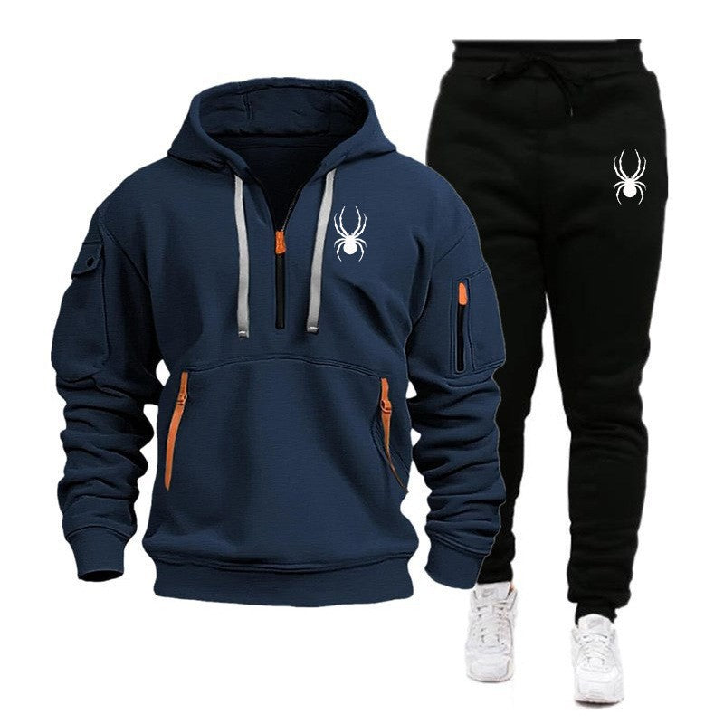 Men's sports hoodie set with printed hoodie and matching pants, front view

