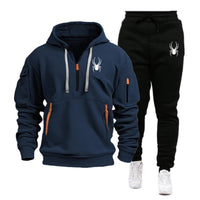 Men's sports hoodie set with printed hoodie and matching pants, front view

