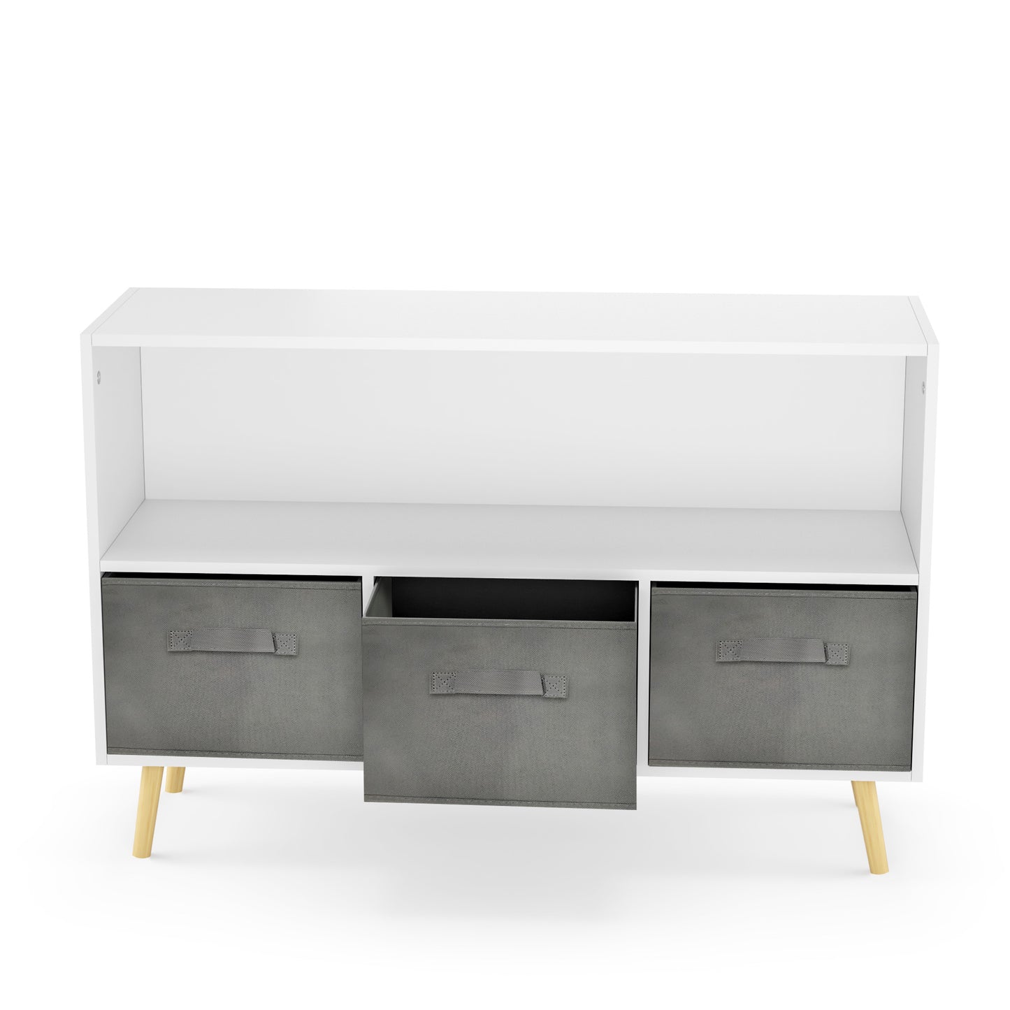 White kids bookcase with gray fabric drawers and books displayed