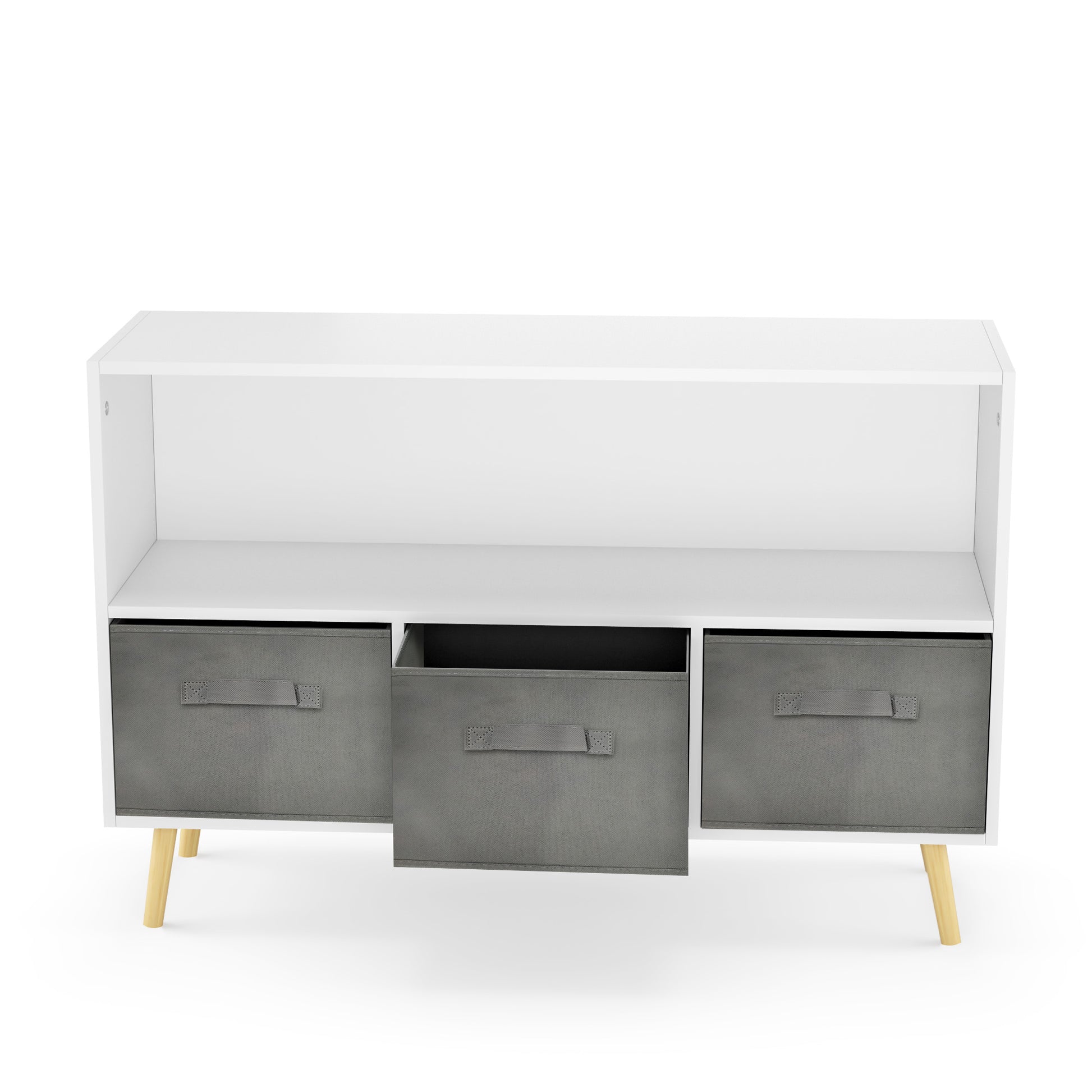 White kids bookcase with gray fabric drawers and books displayed