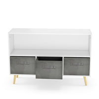 White kids bookcase with gray fabric drawers and books displayed