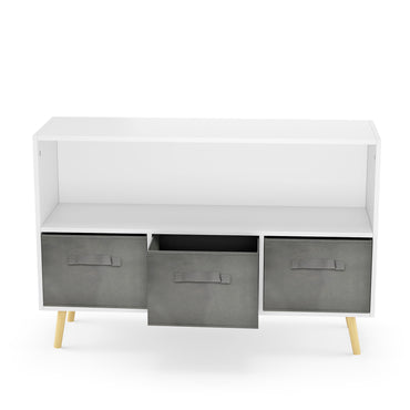White kids bookcase with gray fabric drawers and books displayed
