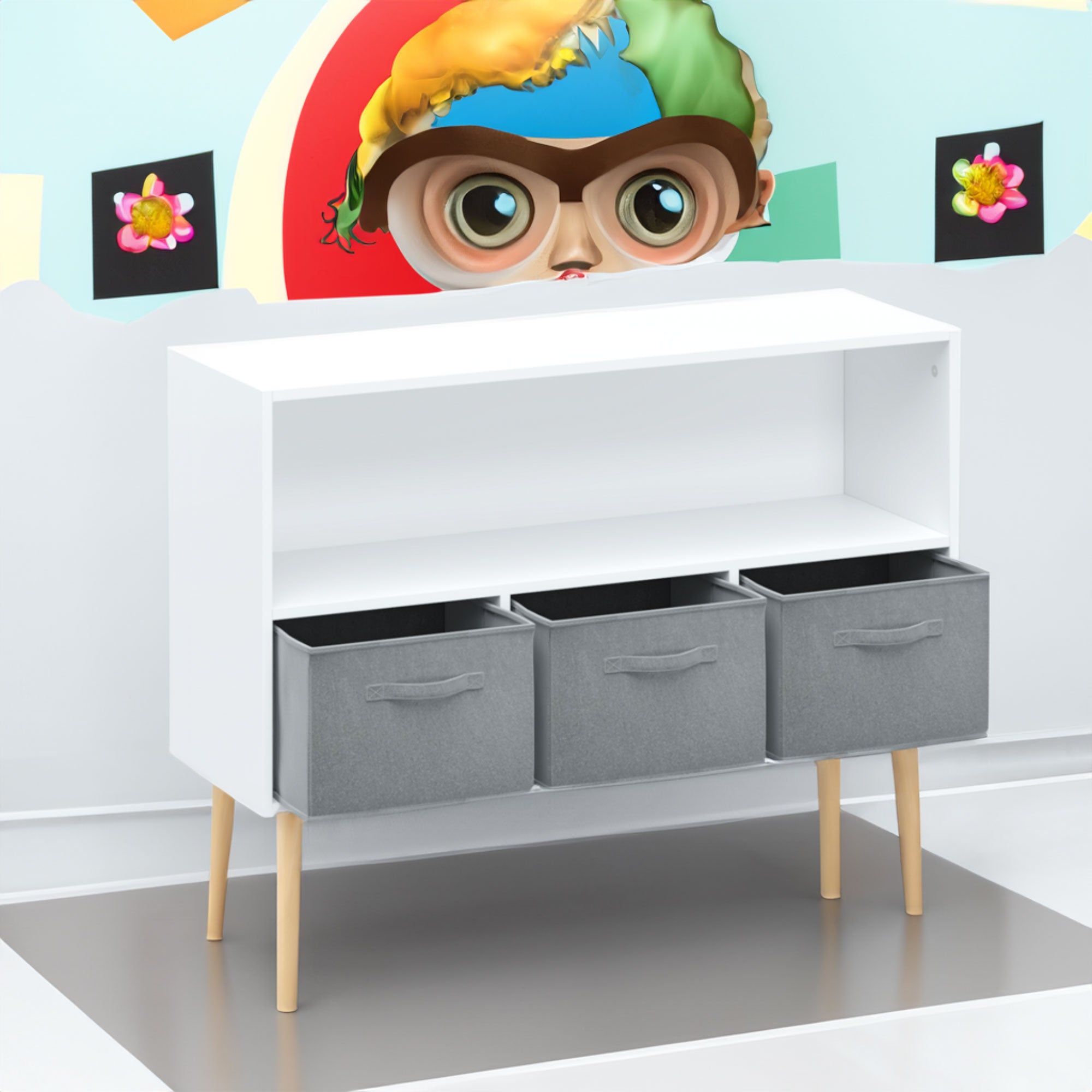 White kids bookcase with gray fabric drawers and books displayed