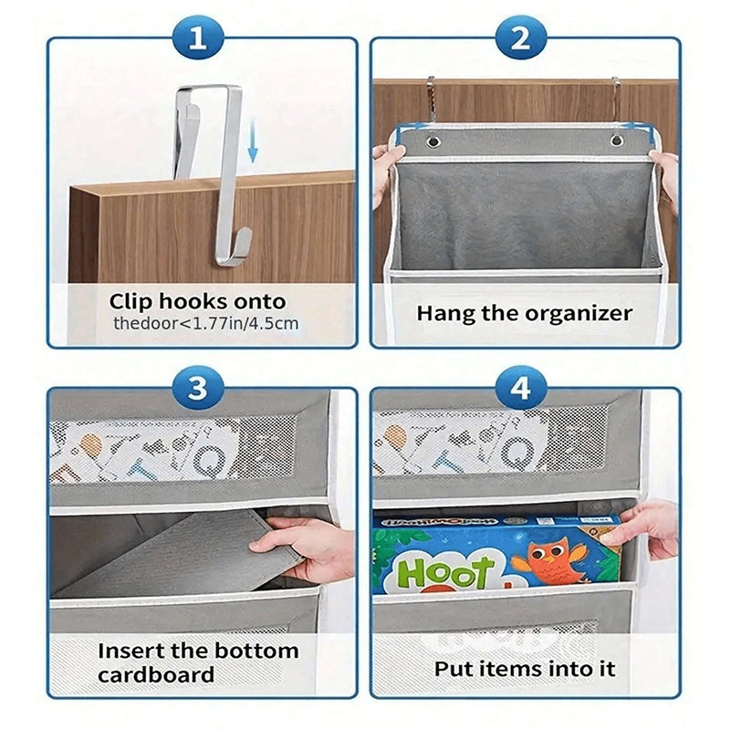 5-pocket hanging organizer on the back of a white bedroom door

