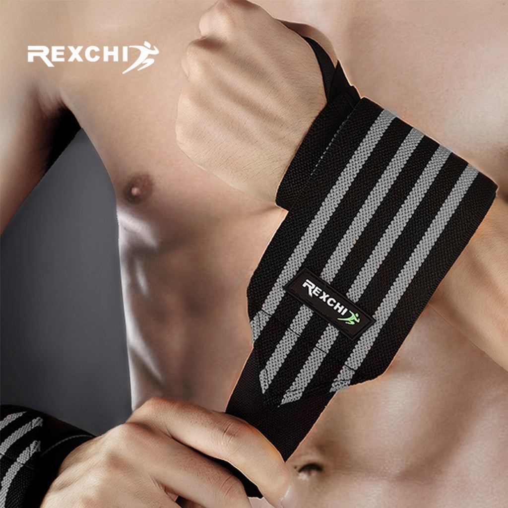 "REXCHI gym fitness wrist wraps, designed for added wrist support during weightlifting and strength training, featuring durable fabric and adjustable straps."