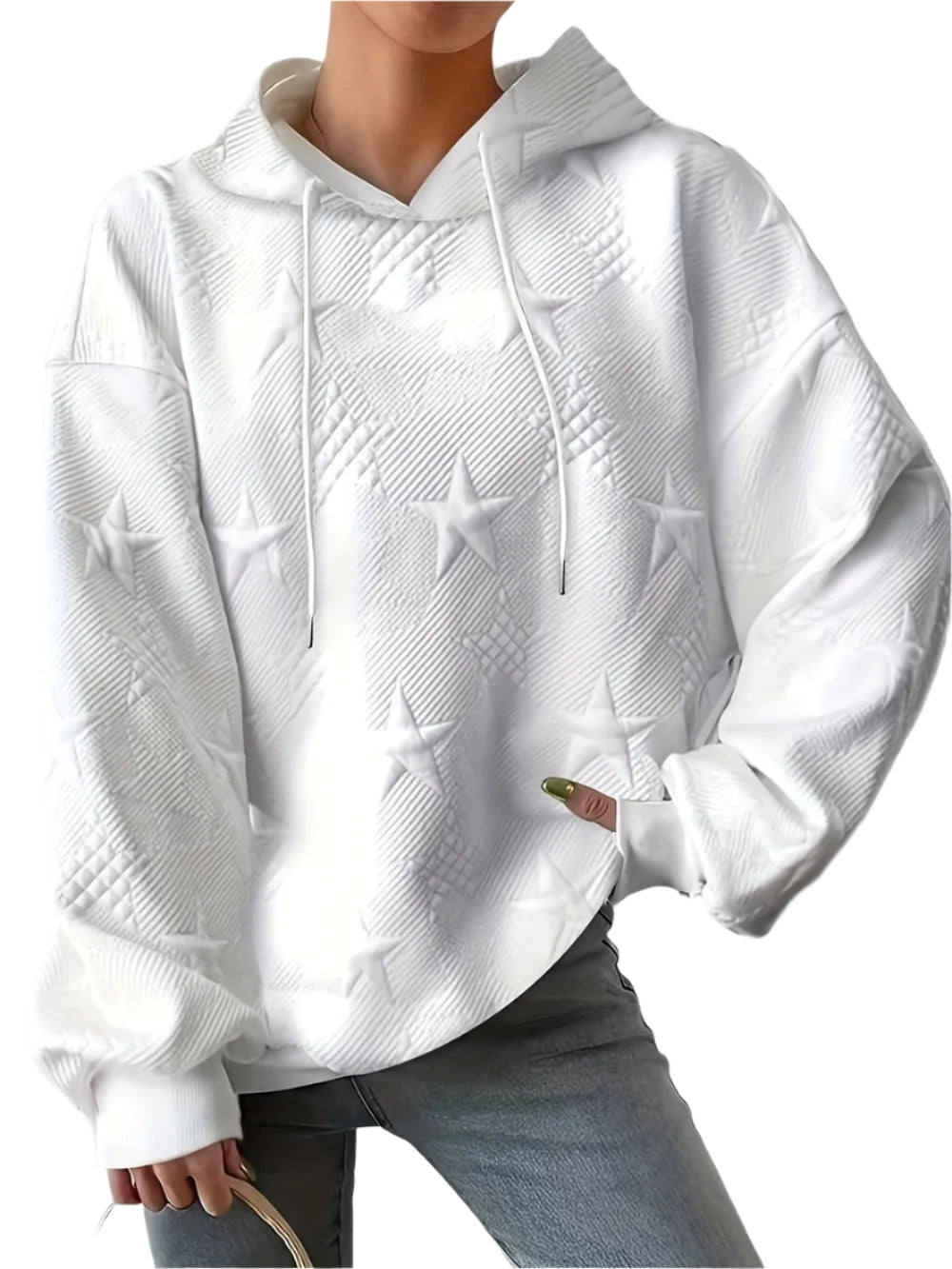 White women’s casual pullover hoodie with star texture and drawstring hood.








