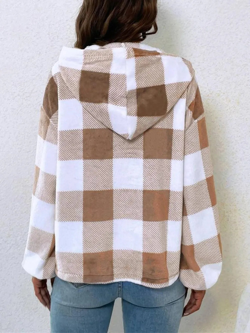 Women's checkered plush hoodie with semi-open collar, front view

