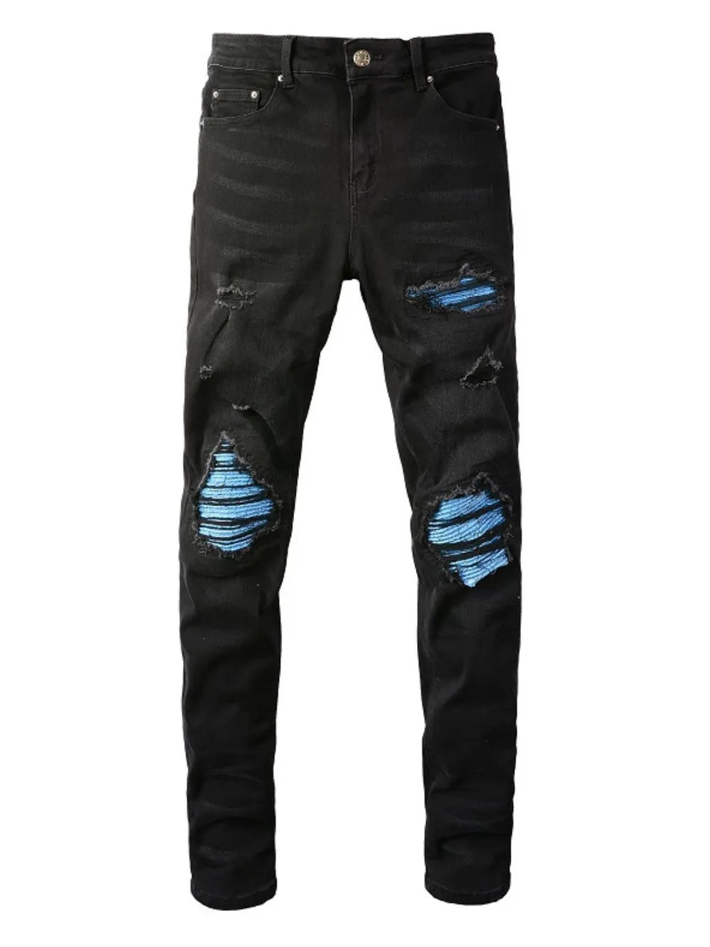 Men’s distressed skinny jeans in stretch denim with ripped detailing.

