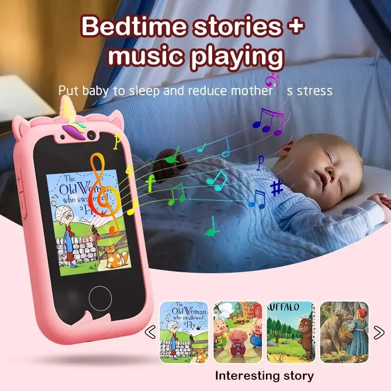 Kids smartphone camera toy with touchscreen, designed for 3-12-year-olds, doubles as an MP3 player and educational gift.

