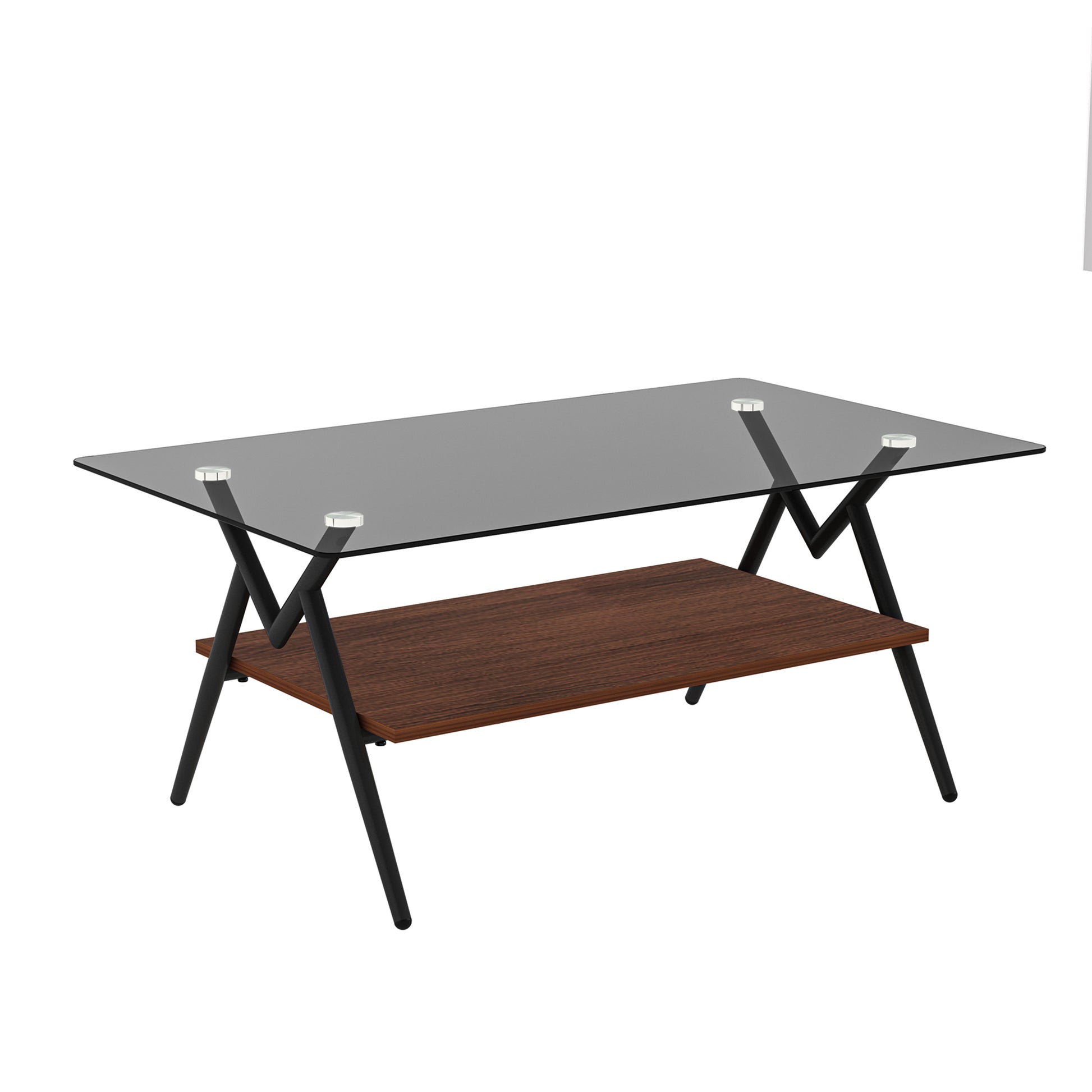 Rectangular coffee table with gray glass top and brown MDF shelf