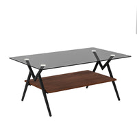 Rectangular coffee table with gray glass top and brown MDF shelf
