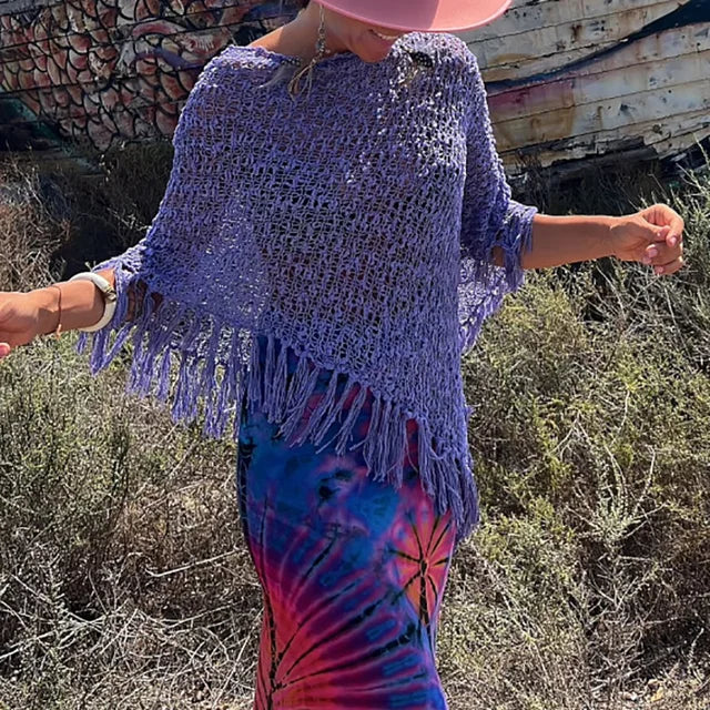 Bohemian Bat Sleeve Tassel Knit Hoodie Cape for Women – Oversized Pullover Sweater

