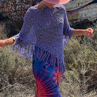 Bohemian Bat Sleeve Tassel Knit Hoodie Cape for Women – Oversized Pullover Sweater

