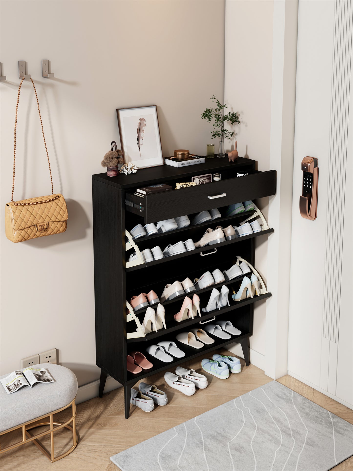 Black shoe cabinet with open shelves for footwear storage