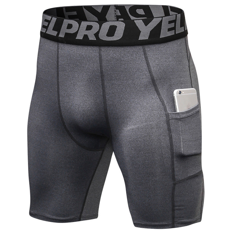 Men’s black PRO gym shorts with built-in compression tights, side pockets, and sweat-wicking fabric

