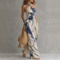 New halter backless jumpsuit, blue and white tie-dye wide-leg pants, summer beach women's wear Hot Deal Warehouse