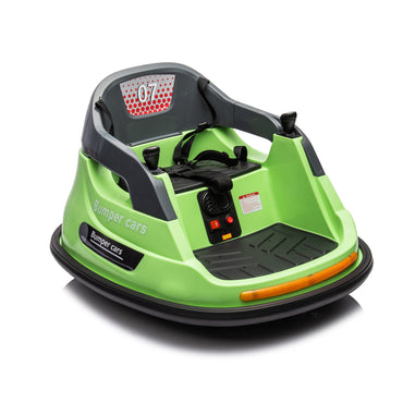 Green 12V electric ride-on bumper car for kids, designed for 360-degree spins and easy joystick control. Features a sturdy build, safety belt, and vibrant colors, providing a fun and secure bumper car experience for children aged 3-6, ideal for indoor play