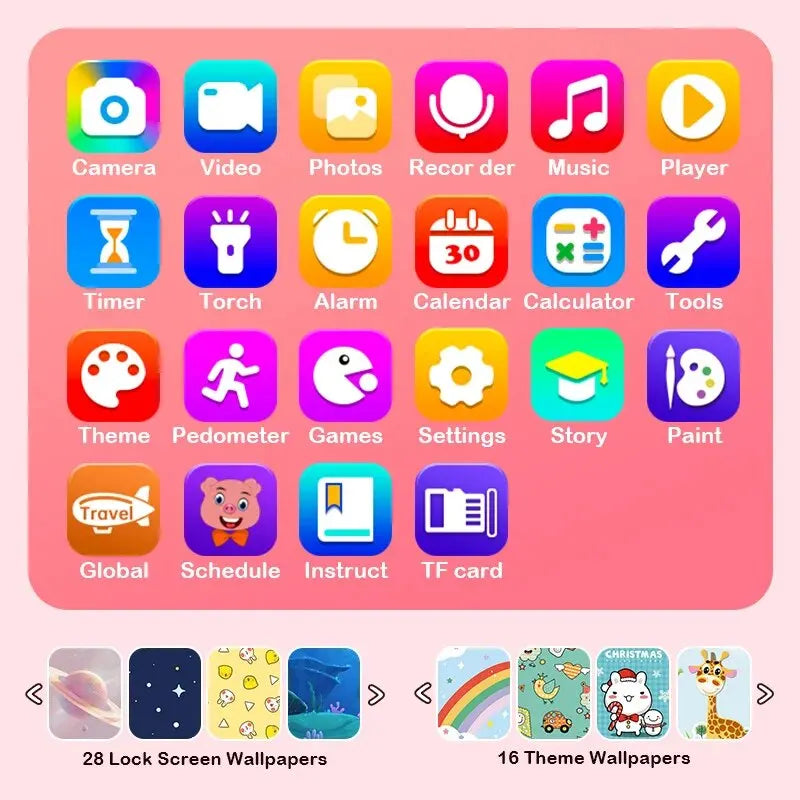 Kids smartphone camera toy with touchscreen, designed for 3-12-year-olds, doubles as an MP3 player and educational gift.

