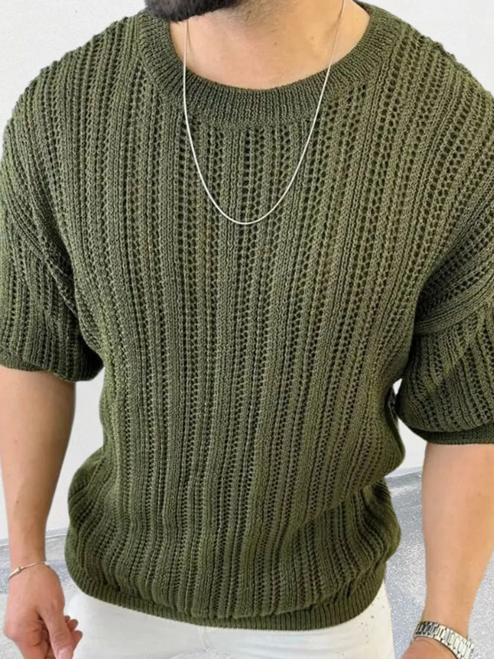 Men's openwork knit t-shirt with round neckline, front view

