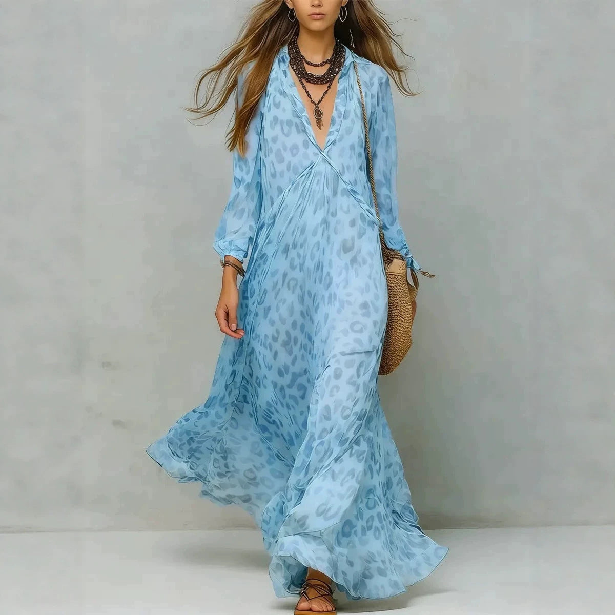 Leopard Print Chiffon Long Dress Deep V-Neck Three-Quarter Sleeve Flared Beach Vacation Dress Hot Deal Warehouse