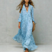 Leopard Print Chiffon Long Dress Deep V-Neck Three-Quarter Sleeve Flared Beach Vacation Dress Hot Deal Warehouse