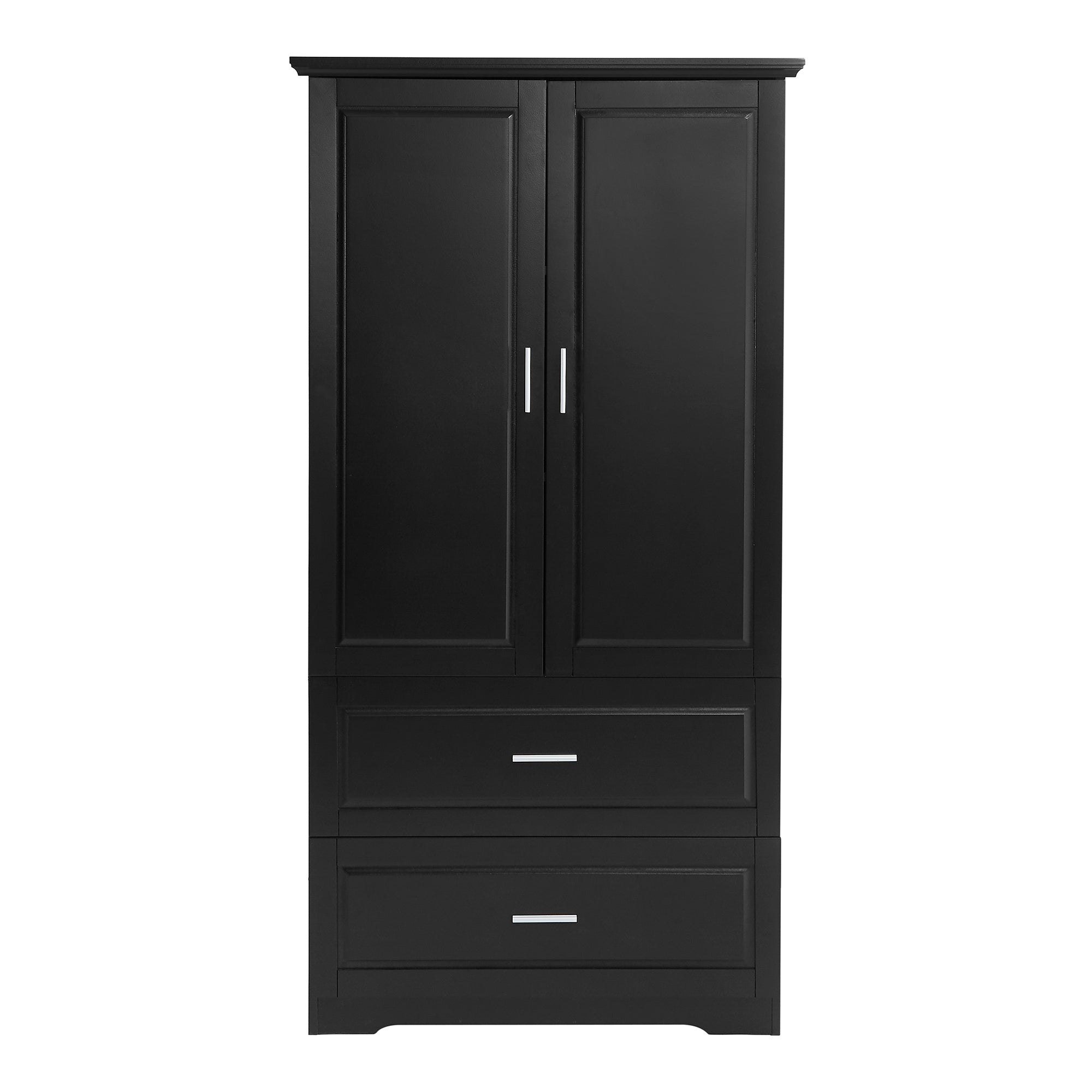 Black MDF tall bathroom storage cabinet with two doors and drawers