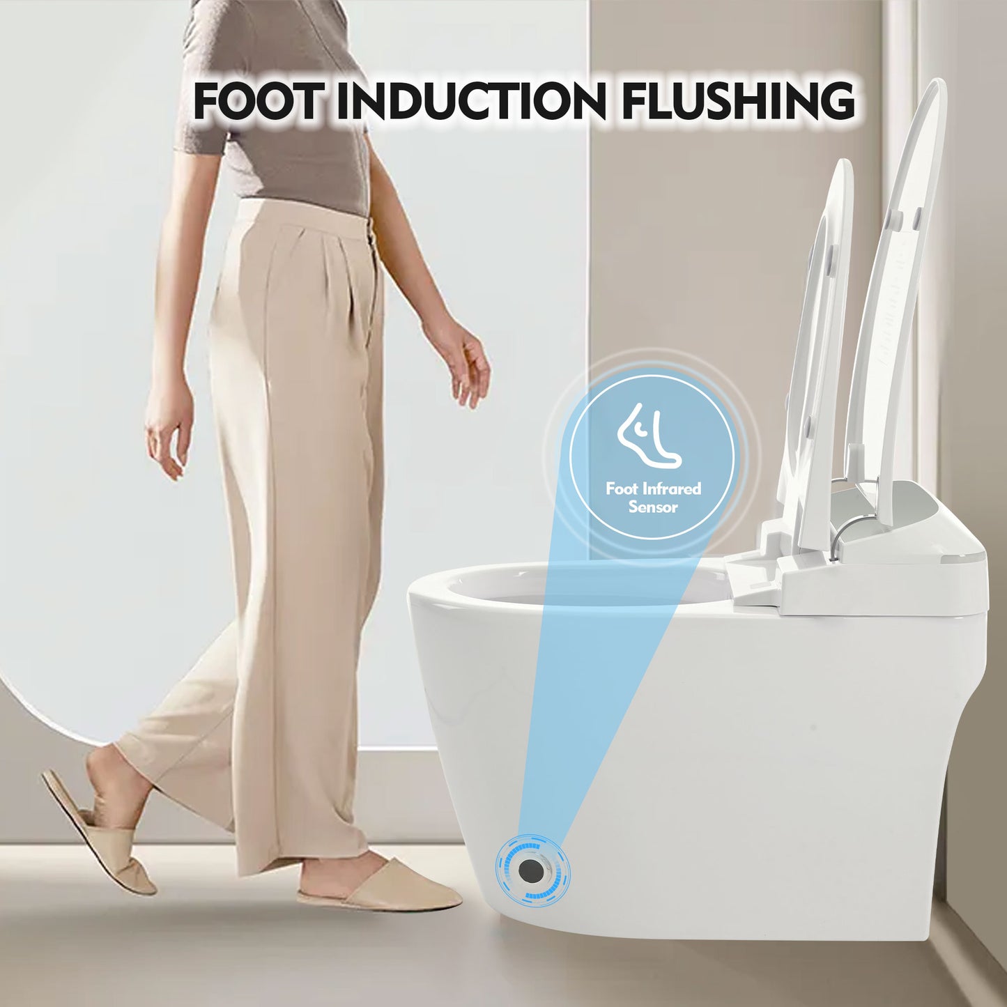Modern intelligent toilet with heated seat and foot sensor in white